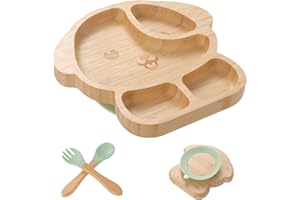 KEESIN Bamboo Children's Crockery Set of 4 Baby Plates with Suction Cups Accessories for Baby Food 1 Silicone Spoon 1 Silicone Fork Plate with Suction Cups (Puppies)