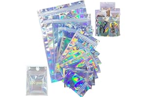LOOPUNK 100 Pièces Sacs Refermables Anti-Odeur Mylar Sac Pochette en Papier d’Aluminium,Sac Plat Holographique en Aluminium Sachets Refermables Zip pour Stockage de Cadeaux, Sac à Bijoux（7×10cm）
