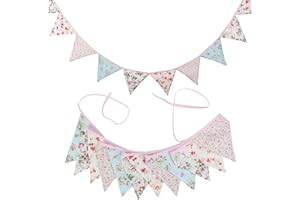G2PLUS Floral Bunting banner, 10.8 Feet Vintage Cloth Shabby Chic Flag Garlands, 12PCS Double Sided Fabric Triangle Pennants for Vintage Themed Wedding Afternoon Tea Garden Party