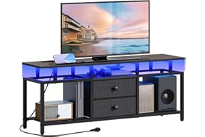 YATINEY Mueble de TV, para Televisión hasta 45’’, Consola Multimedia con Regleta y Tira de Luz LED, Soporte para TV con Cajones y Estantes, para Salón, Dormitorio, Negro XDS03CDBB