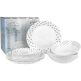 FESTA ITALIA Opal Glass Dinnerware Set 18 Pieces 6 People, Black Dots | Opal glass dish set with small black dots - graphic t