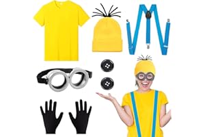 DAZZROI 6 Pcs Adults Cosplay Yellow Costume Accessories with T-shirt Beanie Knit Hat Grey Steampunk Goggles Black Gloves Buttons Blue Strap for Halloween Cosplay Fancy Dress Party World Book Day