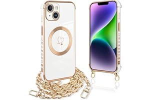 Pnakqil Funda para iPhone 14 Plus con Cuerda, Compatible con MagSafe, Magnética Silicona Love-Heart Patrón Carcasa con Cadena de Metal para Colgar Collar para iPhone 14Plus, Correa - Blanco Oro