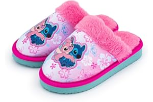 Disney Girls Lilo & Stitch Slippers – Cute Stitch & Angel Embroidered Mule Slippers with Faux Fur Lining, Anti-Slip Sole & Padded Heel – Kids House Shoes UK Shoe Sizes 11-4