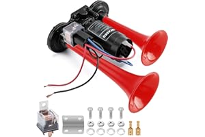 WADEO Bocina de camión de 12 V 150 db, bocina de coche doble súper fuerte con bocina de aire de compresor, kit de bocina alta para todos los vehículos de 12 V, coche, camión, barco, furgoneta (rojo)
