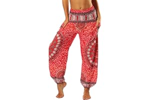 Nuofengkudu Femme Harem Pantalon Yoga Sarouel Legers Hippie Baggy Léger Ethnique Calqué Smockée Taille Haute avec Poches Été Plage