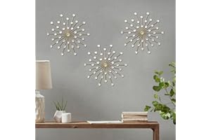ZEXUIRU 3 Set Gold Metal Jeweled Wall Art Bling Crystal Home Décor Starburst Rhinestone Wall Hanging Diamond Accents