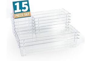 haobin 15 PCS Drawer Organisers Set Clear Plastic, 4-Size Versatile Drawer Organizer Trays, Storage Bins Makeup Organiser, Draw Organisers for Bedroom, Kitchen Gadgets Utensils and Office