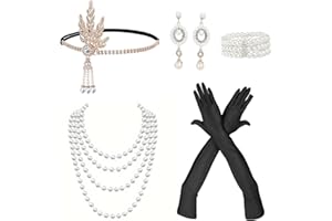 SNBUHA 5 Teiliges 20er Jahre Accessoires, Great Gatsby, Damen Charleston Accessoires, mit Perlen Ohrring Halskette Handschuh Armband Kopfbedeckung, für Halloween Weihnachten Elegant Party Abschlussball