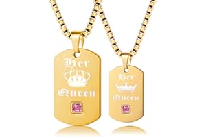 Uloveido 2 pcs Gay & Lesbian Pride Necklaces Set for Men and Women - Dog Tag Titanium Necklaces with Charm Pendants His King & Her Queen SN125 (Black and Gold Color)