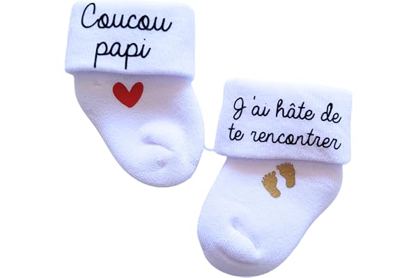 Chaussettes d'annonce surprise de grossesse pour bébé - thème j'ai hâte de te rencontrer (coucou papi)