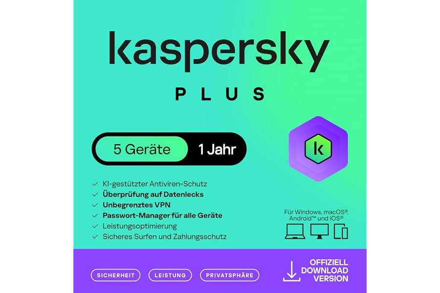 Kaspersky Plus Internet Security 2025 | 5 Geräte | 1 Jahr | Anti-Phishing und Firewall | Unbegrenzter VPN | Passwort-Manager