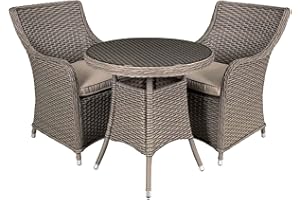 Dellonda Chester 3 Piece Rattan Wicker Outdoor Dining Set with Tempered Glass Table Top, Brown - DG86