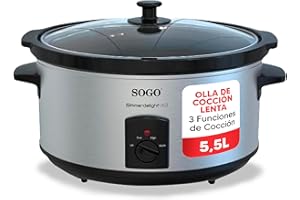 Sogo Olla de Cocción Lenta 5,5L con 3 Funciones de Cocción - Olla Eléctrica de Cocción con Tapa de Cristal Templado para Control - Olla para Cocinar Apta para Lavavajillas con Asa de Tacto Frío