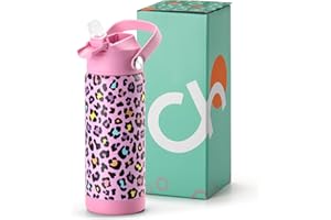 Choco Mocha Trinkflasche Kinder mit Strohhalm für Mädchen, Thermosflasche Kinder, Wasserflaschen für Schule 500ml, Auslaufsichere, BPA frei, Leopard-rosa