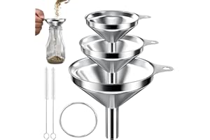 AOKITO 3 Piezas Embudo Acero Inoxidable, Kit de Embudo de Metal, Mini Cocina, con 2 Cepillos, para el Trasvase de Ingredientes Líquidos, Ingredientes Secos y Polvo (Ø: 7,5cm/5,5cm/4,5cm)