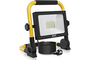 CLY Reflektor budowlany LED, 60 W, 5200 lm, 6500 K, zimna biel, przenośna lampa robocza LED, klasa wodoszczelności IP66, oświetlenie robocze z kablem 5 m, przełącznik do warsztatu, na plac budowy