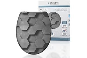 SCHÜTTE Hexagons - Asiento de inodoro de plástico termoestable Duroplast con descenso automático, tapa de inodoro con diseño y cierre rápido para la limpieza, carga máx. 150 kg, color gris