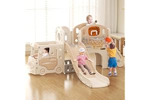 Lnhcrbs Tobogán,Toboganes Infantiles con Escalera para Trepar, Canasta de Baloncesto, Locomotora, Prismáticos, Trompeta, el Tobogán es Apto Tanto para Exterior como para Interior, a Partir De 1 Año
