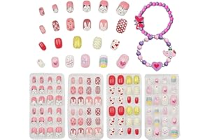 JOIYHY 96 Pezzi Unghie Adesive Bambina, Premere Pre-incollato Unghie Finte Acriliche, 4 Scatola Unghie Finte per Bambini con 2 Pezzi Braccialetti per Donna e Ragazze Adolescenti(A)