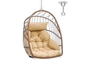 YITAHOME Fauteuil Oeuf Suspendu Charge Max. 150 kg Oeuf Suspendu Exterieur Jardin avec 2 Coussins, Cadre Robuste en Rotin, 105x74x72 cm Fauteuil Suspendu avec une Chaîne pour Intérieur, Marron & Beige