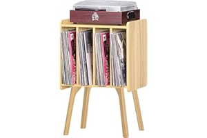 LELELINKY Small Record Player Stand - Width 11.7 in, Natural Vinyl Record Storage Table with 4 Cabinet Up to 80 Albums, Vinyl Holder with Wood Legs,Turntable Stand Display Shelf for Living Room