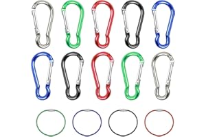 PFLYPF Lot de 10 mousquetons en métal avec 4 Boucles de Cordon en Acier Inoxydable, Mousqueton de Couleur, Mousqueton en D, Porte-clés résistant à l'usure, connecteur Rapide, pour Camping, randonnée, Voyage