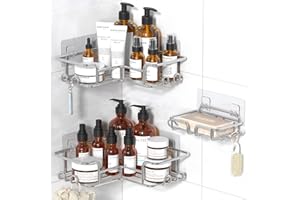 YASONIC Mensola Bagno Mensola Doccia Angolare, 3 Pezzi Mensole Bagno senza Foratura, Angoliera Doccia Impermeabile e Antiruggine, Mensola Doccia Adesiva Portaoggetti Doccia con 12 gancio - Argento