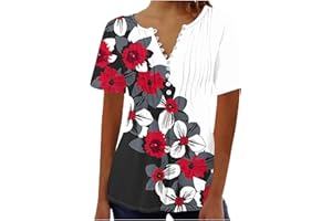 MRGIINR 2024 Summer Women Tunic Tops UK Short Sleeve Button Down V Neck Feather Graphic Oversized Flowy Hide Belly Pleated Dressy Casual Henley T Shirts