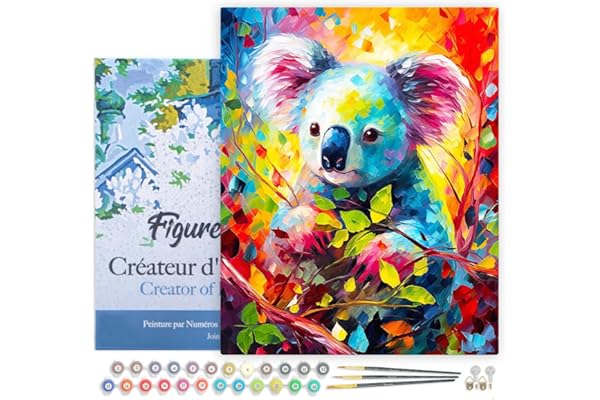 Figured'Art Peinture par Numéro Adulte avec Cadre Koala Coloré Abstrait - Activité Manuelle Kit de Loisir Créatif DIY Numéro d'Art Complet Animaux - 40x50cm toile tendue sur châssis