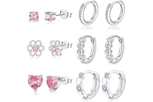 RANKEEF 6 Pairs Huggie Hoop Earrings for Girls 925 Sterling Silver Stud Sets Cute Kids Heart Hoops Tiny Cubic Zirconia Flower Stud Small Hypoallergenic Cartilage Sleeper Earrings for Teen Toddler Childs Women