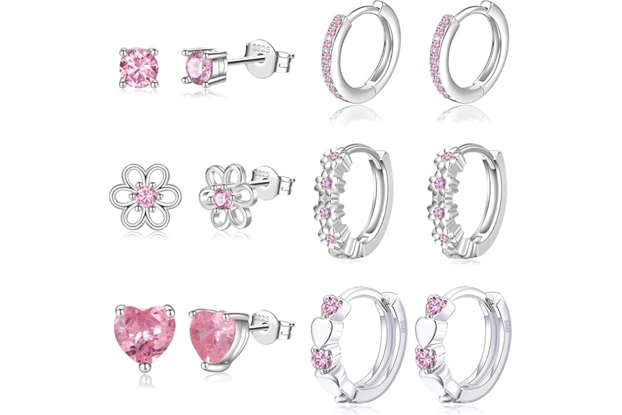 6 Pairs Huggie Hoop Earrings for Girls 925 Sterling Silver Stud Sets Cute Kids Heart Hoops Tiny Cubic Zirconia Flower Stud Small Hypoallergenic Cartilage Sleeper Earrings for Teen Toddler Childs Women
