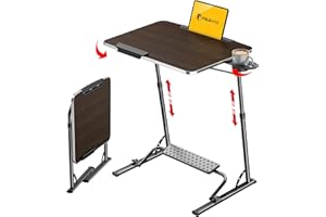 FoldWise Folding Laptop Table for Sofa - Sturdy Portable Desk, Height & Angle Adjustable Overbed Table for Dinner, Work & Study; All-In-One: Footrest, Cupholder, Tablet Holder, Edge Stopper - Wooden