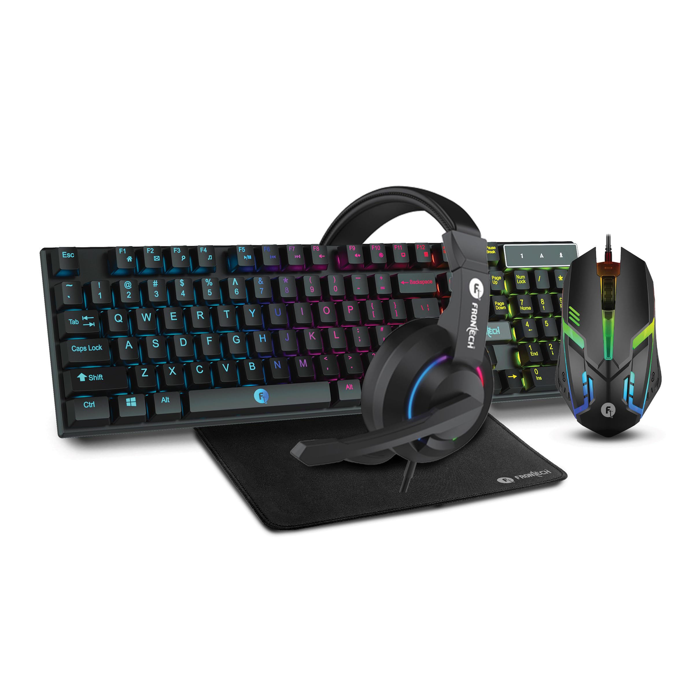 FRONTECH Dragon Warrior Gaming 4 in 1 Gaming Combo Set of Gaming Keyboard with RGB LED Backlit, Mouse with 1000 DPI, Mousepad and Premium Gaming Headphone with 40mm Driver Unit, (KB-0038, Black)