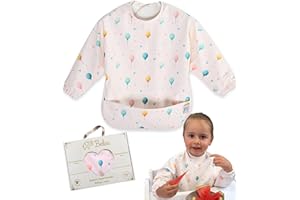 Belea Babero con Mangas Impermeable Bebe BLW con Bolsillo Recogemigas Alimentacion Complementaria Babete Impermeável Bebe Lavable Regalo Cumpleaños Baby Shower sin BPA Ajustable de 6 Meses a 3 Años