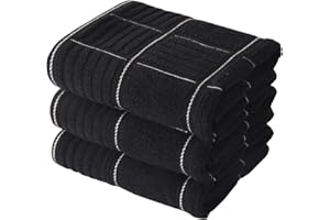 Anyi Kitchen Dish Towels Heavy Duty Absorbent Dish Cloths with Hanging Loop 100% Cotton Tea Bar Towels (16x26, Set of 3) (Black)