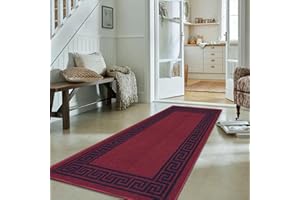 Fit Even Greeky Runner Rug – Large Washable Non-Slip Carpet for Living Room, Bedroom, Lounge, Dining, Kitchen, Modern Indoor Long Floor Rug (Red & Black, 66x220 cm)