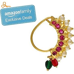 Vail Creations Traditional Maharashtrian Nath Multicolour Gold Plated Without Piercing Press or Clip on Type Nose Ring Pin for Women