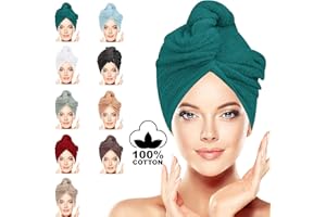 BAVIN LUXURY Hair Towel Wrap 100% Cotton, Instant Drying Lightweight Turban Cap Super Quick Absorbent Anti-Frizz Twist Toweling Dry Hat with Button Loop for Long Curly Hairs, 62CM x 23CM Teal Single