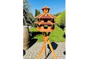 DARLUX Vogelvilla wetterfest von L bis XXL Futterhaus Vogelhaus mit oder ohne Ständer in Braun mit Rot, Grün oder Blau für Garten und Balkon (Größe XXL mit Ständer, Rot - Braun)