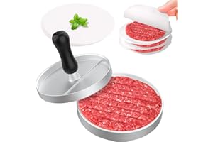 GeeRic Presse à Hamburger Antiadhésive en Aluminium avec 100 Feuilles de Papier à Steak Haché (Manche en Bois)