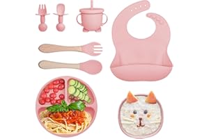 FAUXPONT Vajilla Bebe de Silicona 8 Piezas, Vajilla para Bebés Con Ventosa,Libre de BPA, Vajilla Apta para Lavavajillas y Microondas, Incluye Plato, Cuenco, Taza, 2 Tenedor, 2 Cuchara y Babero (Rosa Claro)