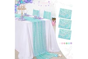 QUEENDREAM Sequin Table Runner 3 Pcs Mermaid Coral Green Iridescent Table Runners 25x120 Inches Ocean Themed Birthday Party Decorations