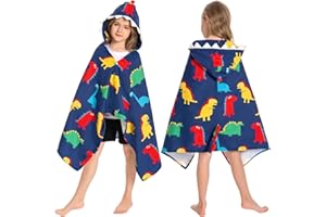 OLAOLA Badeponcho Kinder, Weich und Schnelltrocknendes Badetuch Poncho, Mikrofaser Handtuch mit Kapuze für Strand Schwimmen, Strandtuch für Mädchen Jungen 3-12 Jahre Alt (Bunte Dinosaurier)