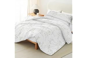 Artecreativa Funda Nórdica Cama 150, 4 Piezas - Funda Nórdica Estampado 220X240cm + Bajera Ajustable 150X200+25cm + Funda Almohada 2UNIDADES 45X105cm, Color ramitas Verde sobre Fondo Blanco