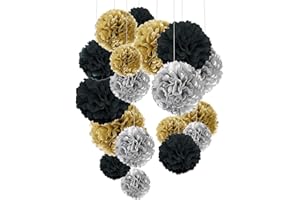O-KINEE Pompon di Carta,24 Confezione Appendere Carta velina Pom-poms Flower Ball Kit per Matrimonio Festa di Compleanno Decorazione (Nero Oro)