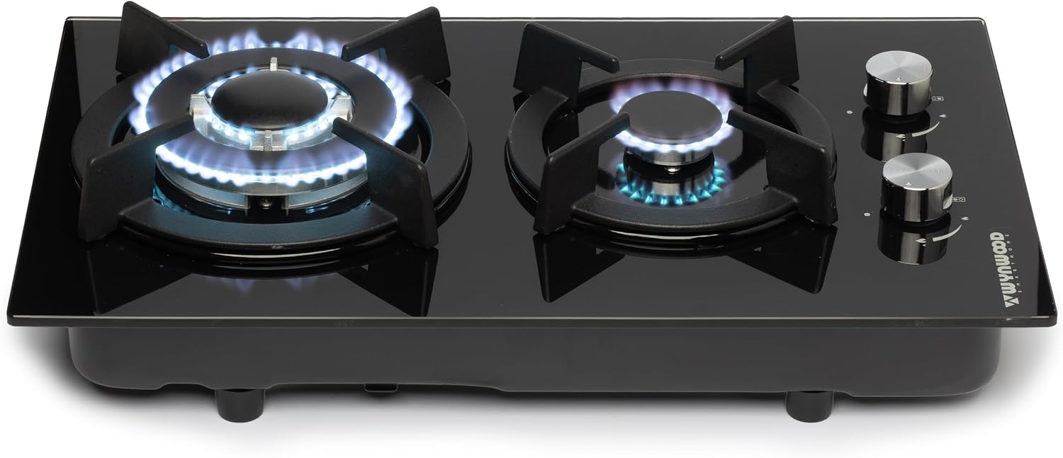 Wynwood Bellatrix Placa De Cocina De Gas 2 Quemadores Cristal Templado 7mm Encimera Gas GPL Con Soporte Hierro Fundido Quemador Sabaf 3.3kW + 1kW Encendido Automático Integrable