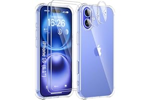 SOGUDE 5 en 1 Coque pour iPhone 16 avec 2 Verre Trempé et 2 Caméra Protecteur, Étui de Protection Antichoc avec Coussin d'air Intégré Mince Bumper Housse - Transparente