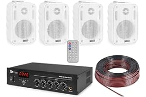 SHARD-LAB IMPIANTO AUDIO FILODIFFUSIONE DA PARETE X ESTERNO IP56 SISTEMA COMPLETO TENUTA STAGNA amplificatore BT + 4 altoparlanti con staffe + 100 mt. cavo