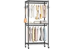 HOMEIJU Mini Rolling Clothes Rack with Adjustable Metal Wire Shelving, Heavy Duty Clothing Rack for Hanging Clothes, Portable Closet with Wheels Side Hooks, Freestanding Closet Wardrobe, Black
